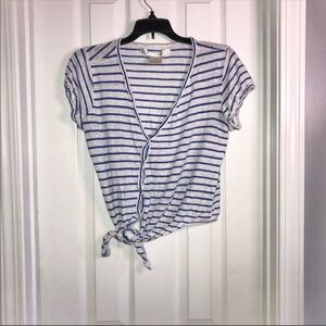 Max Studio Linen Crop Top Button Down White Blue Stripes
